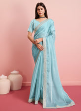 Sky blue colour saree looking up to date